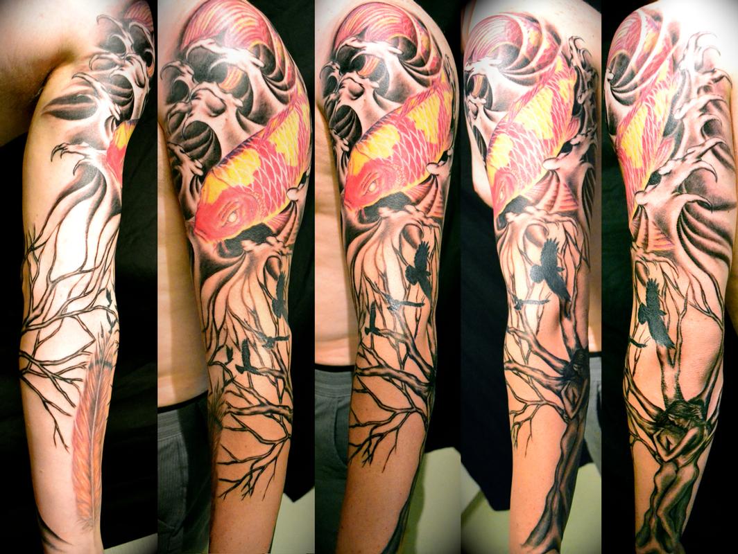Tattoos - Red Koi & Tree - 58126